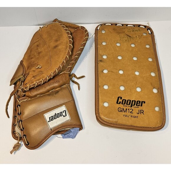 VINTAGE COOPER GM12 HOCKEY LEATHER GOALIE GLOVE W GM6 JR BLOCKER FULL RIGHT - Picture 1 of 16